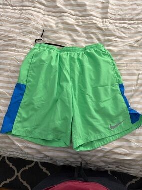 Nike Neon Green Athletic Shorts with Blue Panels